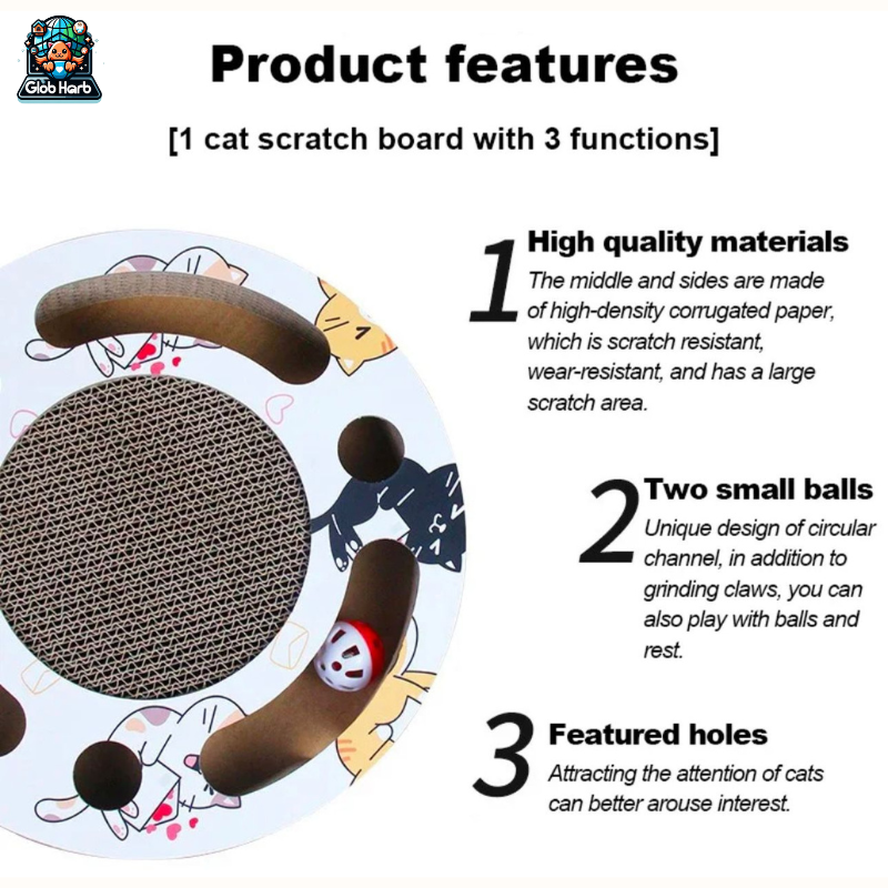 GlobHarb Cat Scratcher Board, 3 In1 Round Cat Toy, Cat Scratcher, Cardboard Toys for Indoor Cats, Cat Scratcher Toy Ball, Track Cat Toys, Cats Grinding, Claw Protector for Couch & Carpets & Sofas