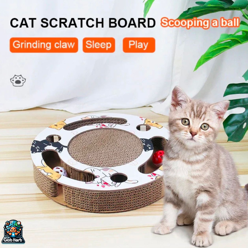 GlobHarb Cat Scratcher Board, 3 In1 Round Cat Toy, Cat Scratcher, Cardboard Toys for Indoor Cats, Cat Scratcher Toy Ball, Track Cat Toys, Cats Grinding, Claw Protector for Couch & Carpets & Sofas