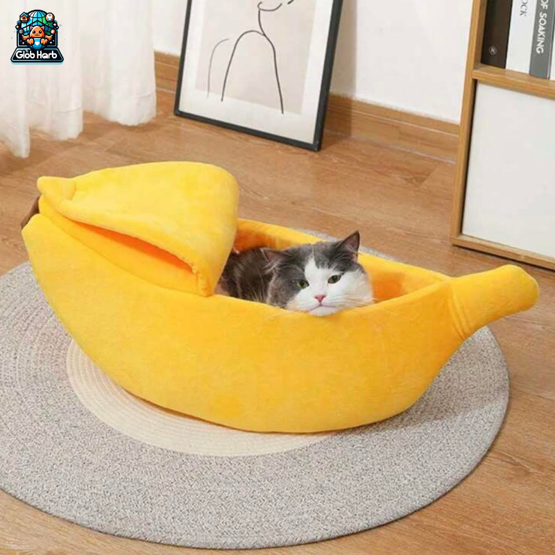GlobHarb Banana Cat Bed, Cute Banana Bed House, Soft Warm Cat Cuddle Bed, Lovely Pet Supplies for Cats Kittens Rabbit Small Dogs Bed, Yellow pet bed