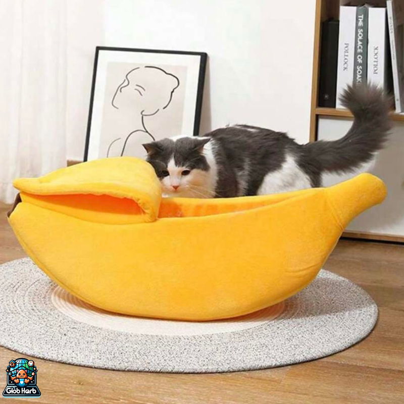 GlobHarb Banana Cat Bed, Cute Banana Bed House, Soft Warm Cat Cuddle Bed, Lovely Pet Supplies for Cats Kittens Rabbit Small Dogs Bed, Yellow pet bed