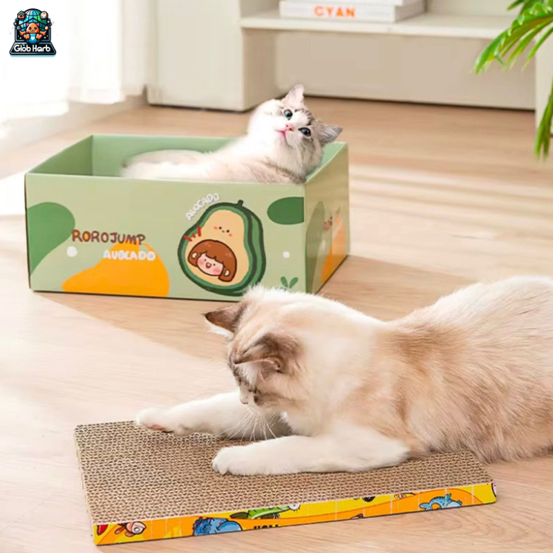 GlobHarb Cat Scratcher with Box, Reversible Cat Scratchers for Indoor Cats, Cardboard Cat Scratcher with Catnip, Box enclosure with cat scratcher mat and catnip
