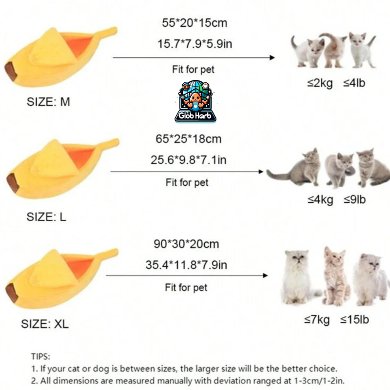 GlobHarb Banana Cat Bed, Cute Banana Bed House, Soft Warm Cat Cuddle Bed, Lovely Pet Supplies for Cats Kittens Rabbit Small Dogs Bed, Yellow pet bed