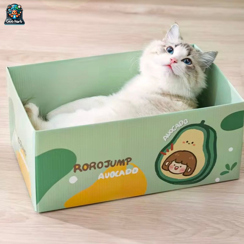 GlobHarb Cat Scratcher with Box, Reversible Cat Scratchers for Indoor Cats, Cardboard Cat Scratcher with Catnip, Box enclosure with cat scratcher mat and catnip