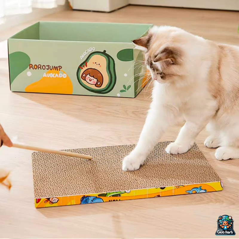 GlobHarb Cat Scratcher with Box, Reversible Cat Scratchers for Indoor Cats, Cardboard Cat Scratcher with Catnip, Box enclosure with cat scratcher mat and catnip