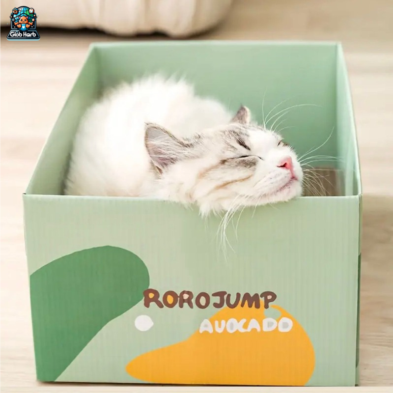 GlobHarb Cat Scratcher with Box, Reversible Cat Scratchers for Indoor Cats, Cardboard Cat Scratcher with Catnip, Box enclosure with cat scratcher mat and catnip